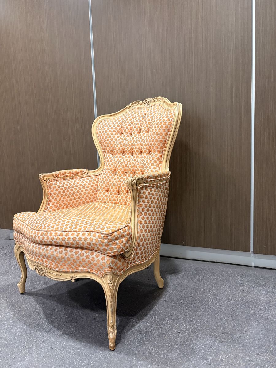 Vintage French Provincial Carved Wood Orange Patterned Upholstered Armchair Accent Chair