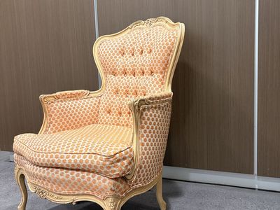Vintage French Provincial Carved Wood Orange Patterned Upholstered Armchair Accent Chair