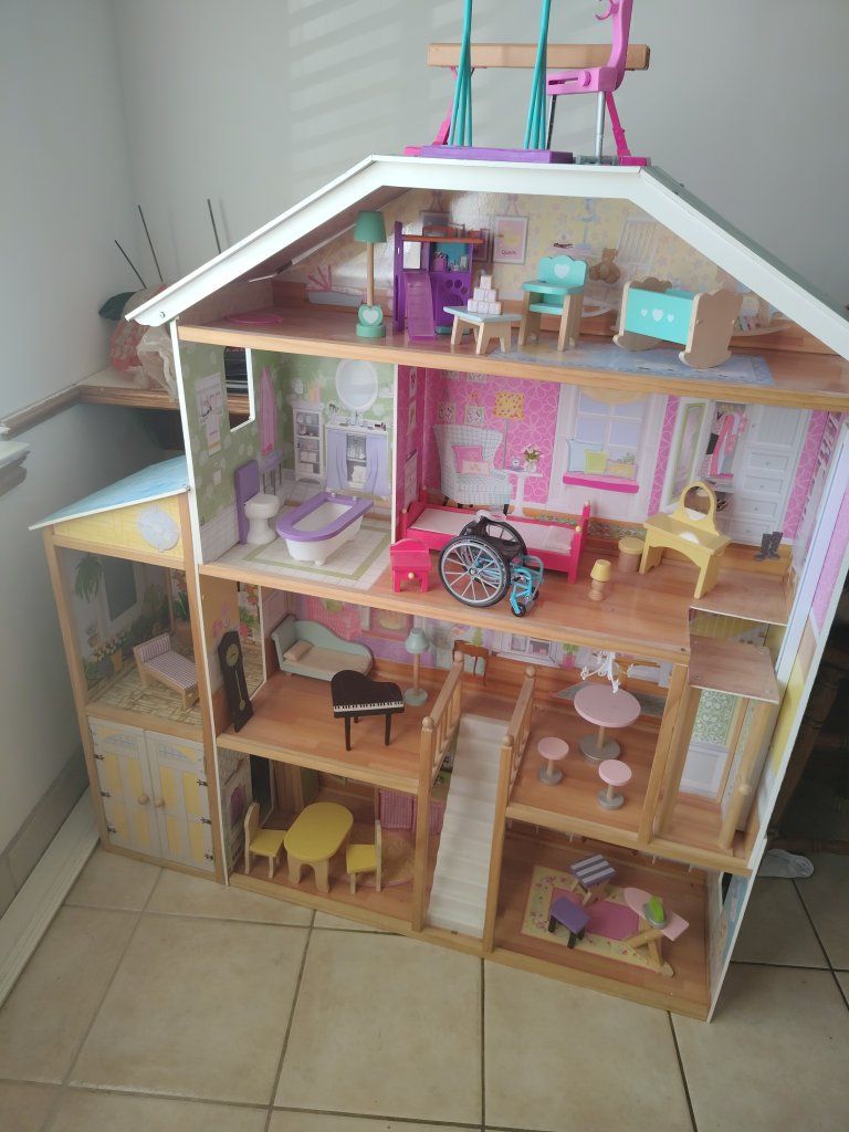 Large Wooden Multi-Story Dollhouse with Furniture and Accessories