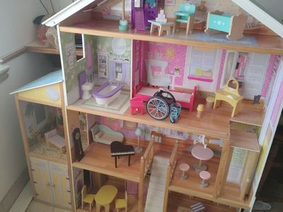 Large Wooden Multi-Story Dollhouse with Furniture and Accessories
