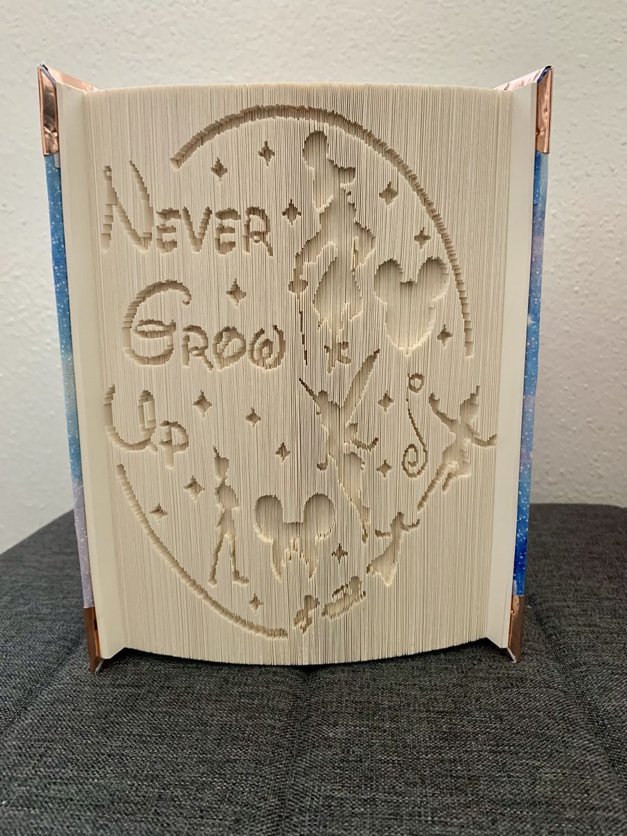 Handmade Peter Pan "Never Grow Up" Folded Book Art with Galaxy Cover & Corner Protectors