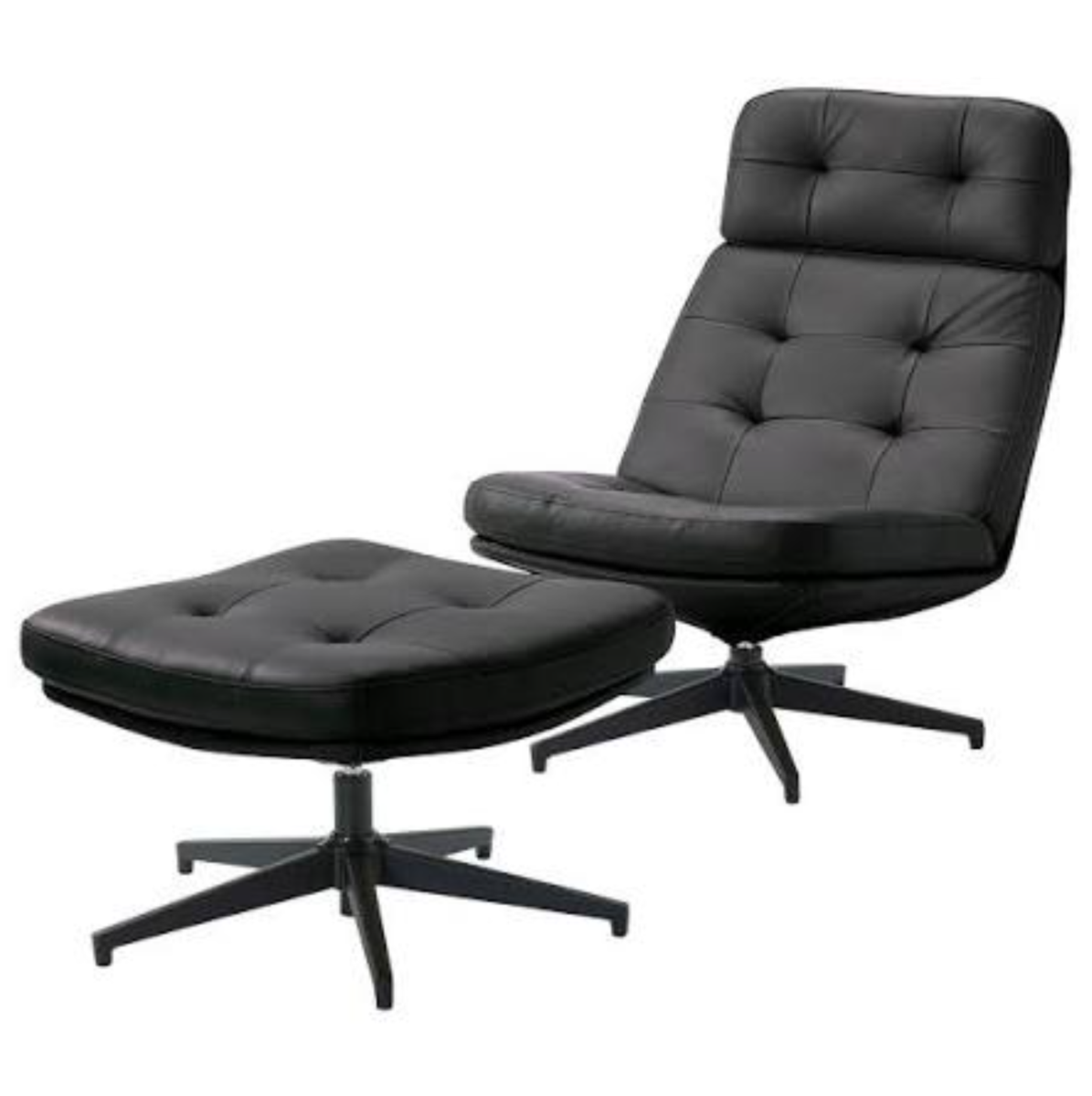 Like New Ikea HAVBERG Swivel Easy Chair and Footstool - Black Authentic Leather