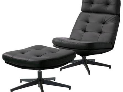 Like New Ikea HAVBERG Swivel Easy Chair and Footstool - Black Authentic Leather