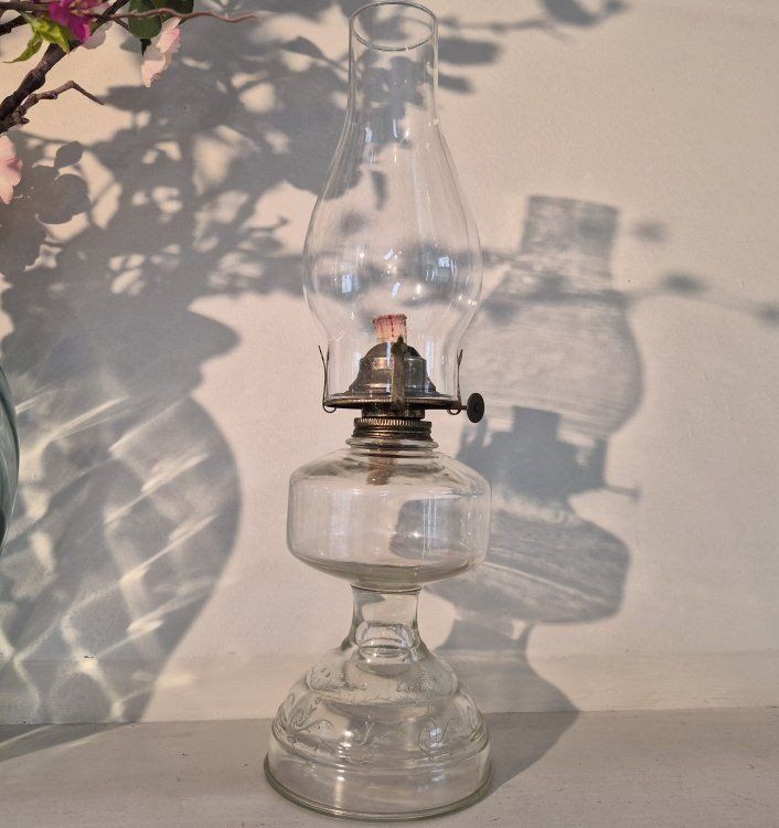 Vintage Clear Glass Kerosene Oil Lamp with Chimney, Rustic Home Decor, 19th Century Style