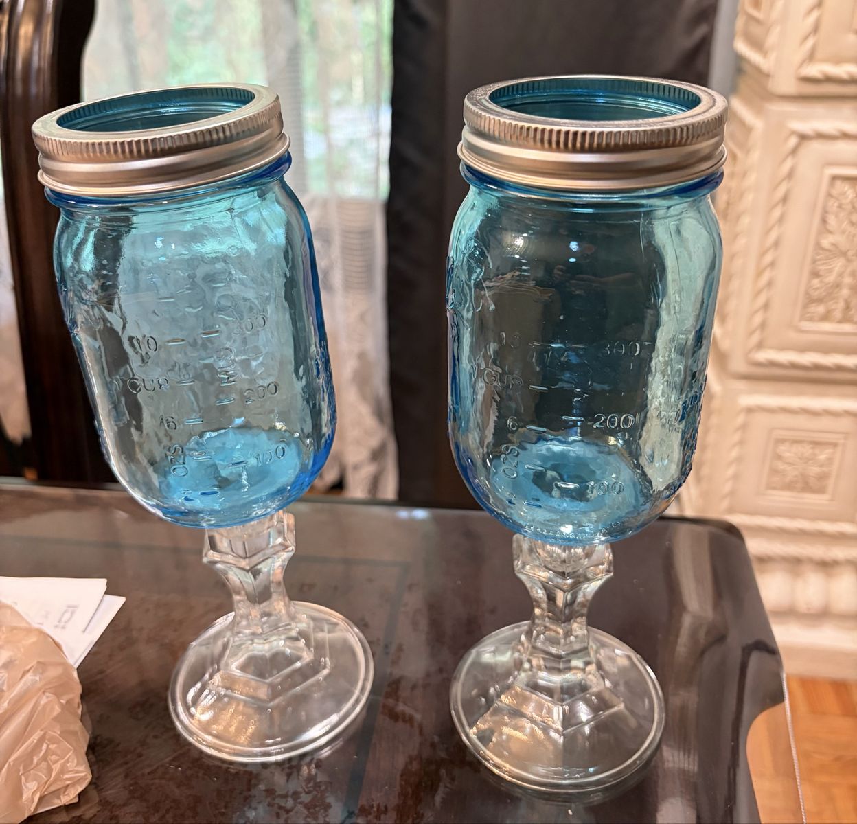 Novelty blue mason jar wine glasses