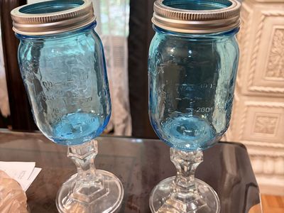 Novelty blue mason jar wine glasses