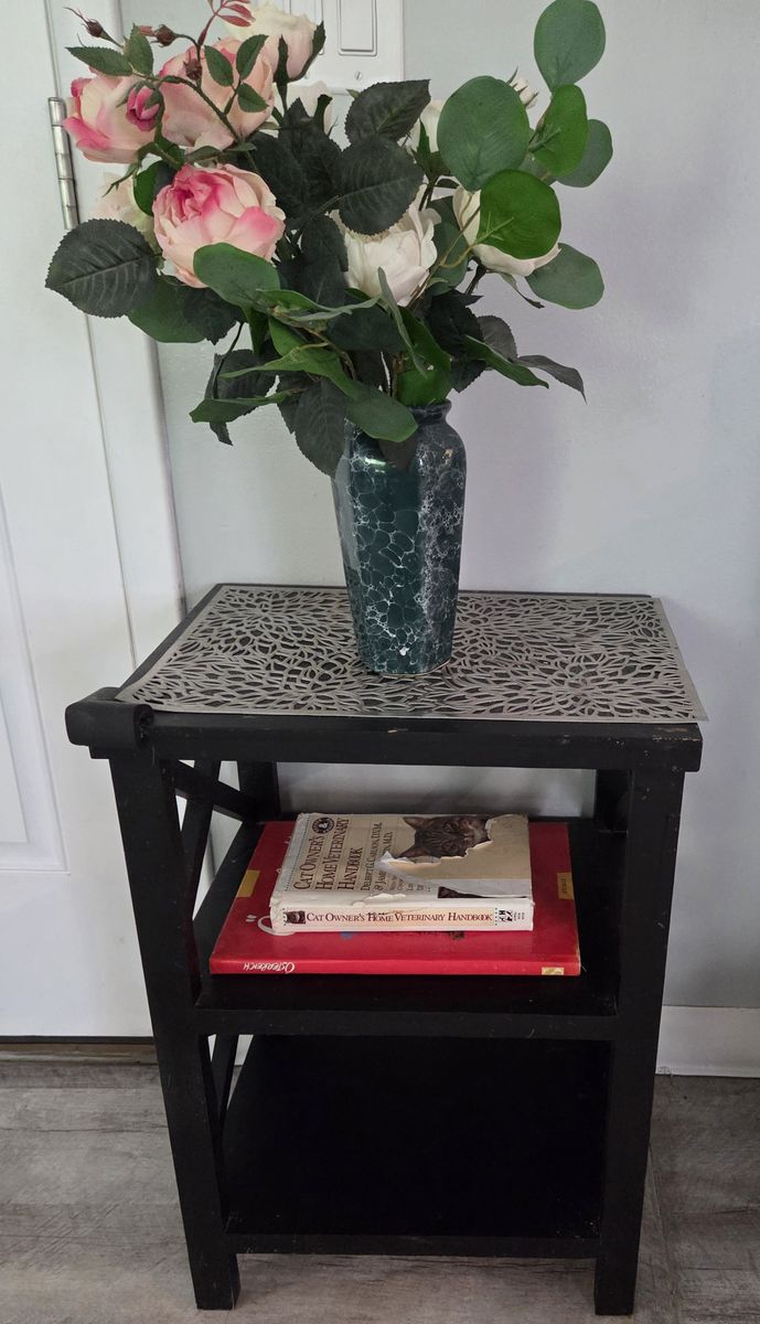 Decorative Black Wooden End Table with Ornate Metal Top Accent - Small Side Table