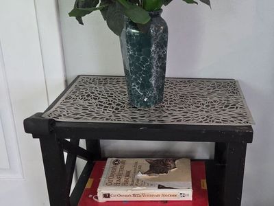 Decorative Black Wooden End Table with Ornate Metal Top Accent - Small Side Table