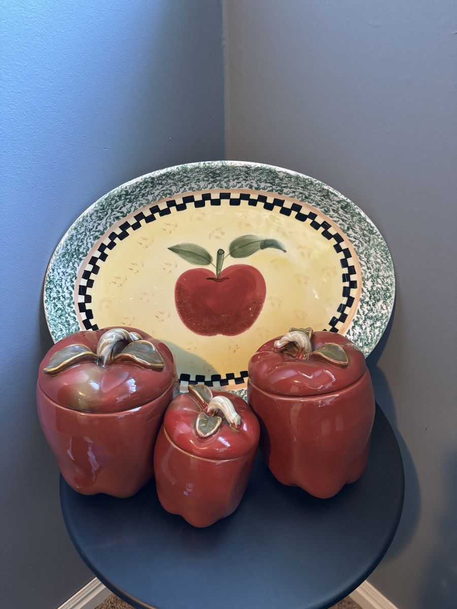 Vintage Apple Kitchen Canister Set + Matching Serving Platter