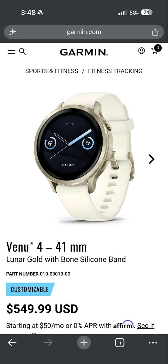 Garmin Venu 4 Smartwatch 41mm Lunar Gold w/ Bone Silicone Band & Screen Protector