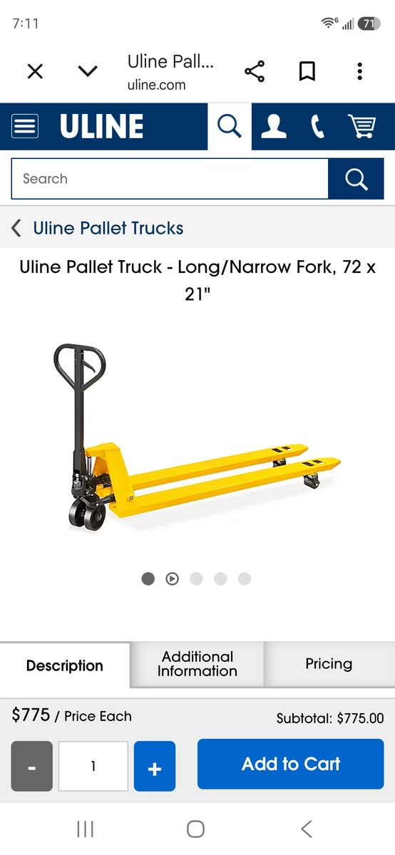 72" long narrow pallet jack