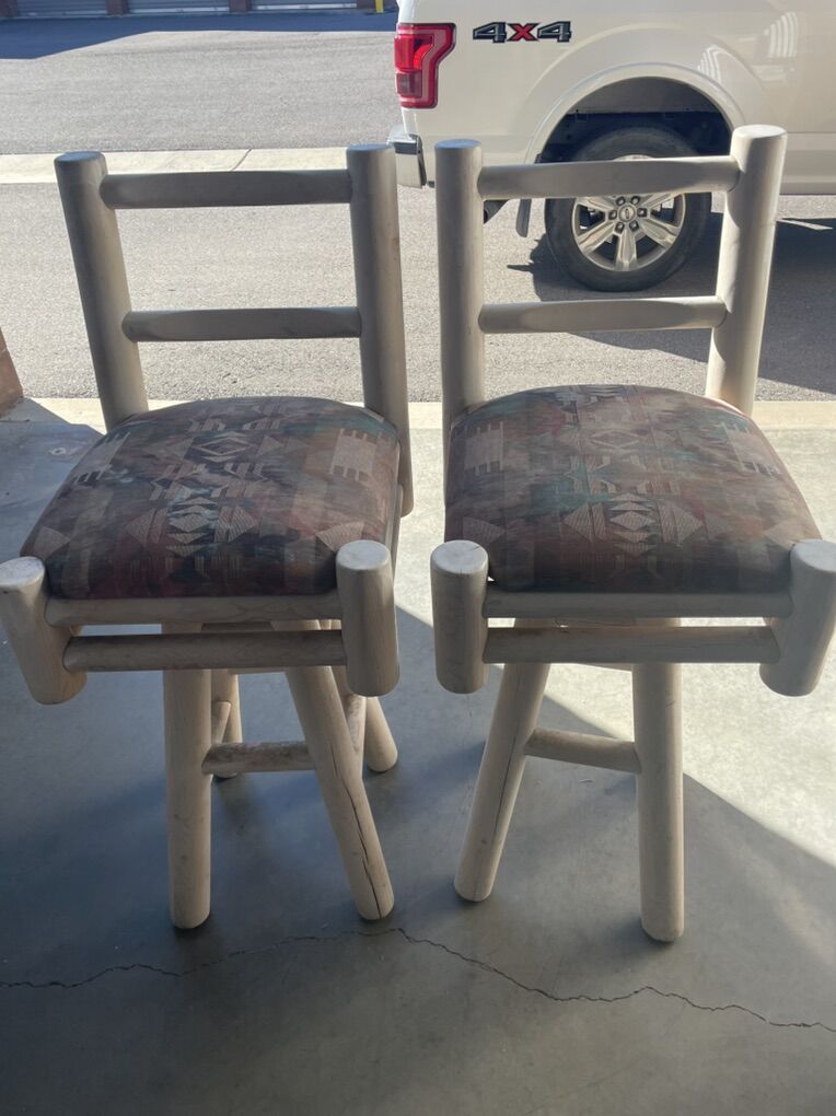 Pair of Chunky Pine Log Tall Swivel Bar Stools