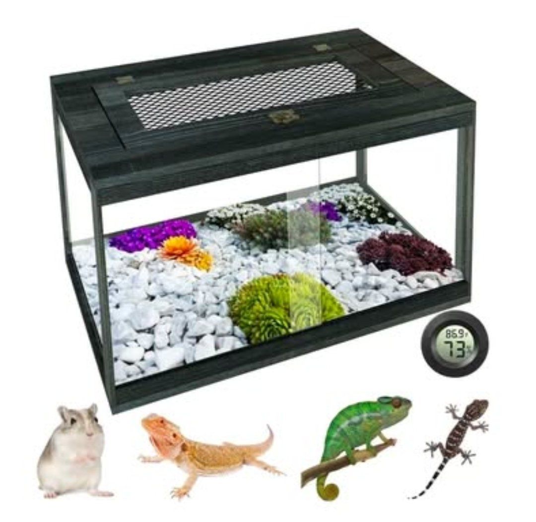 Reptile Terrarium Tank 28 Gallon, Black Gray, 24" x 16" x 16"