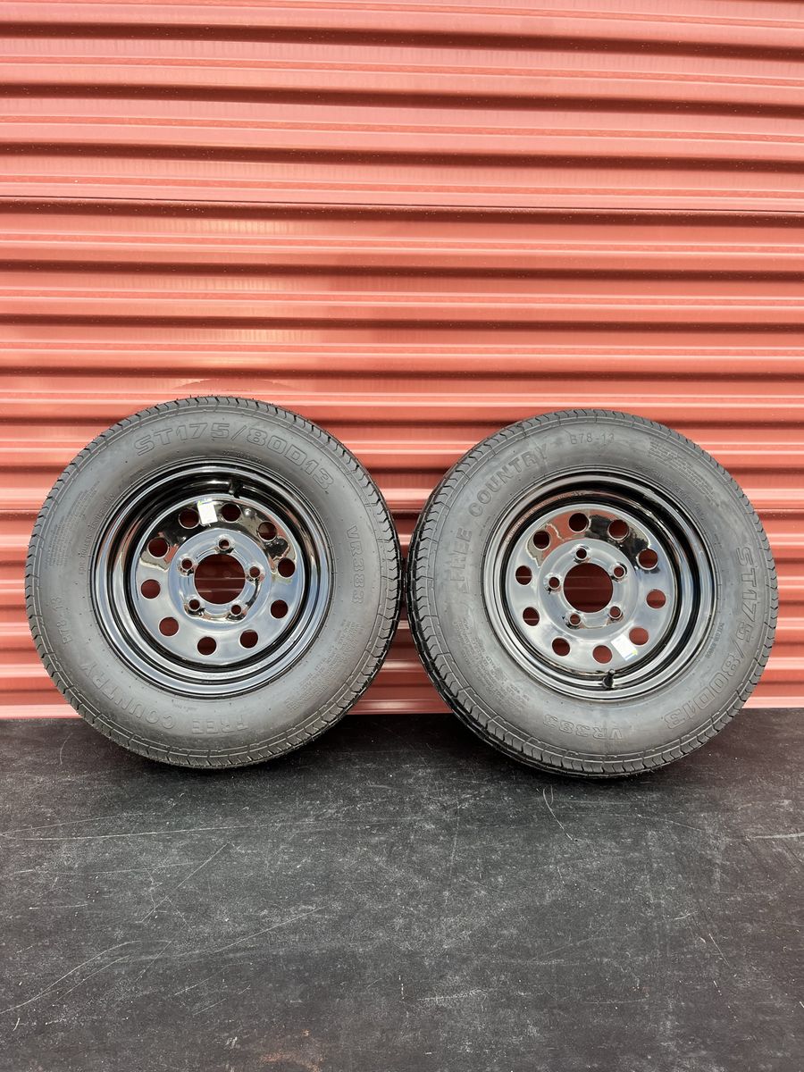 New Set of 2 Free Country ST 175/80D 13 Mounted on New Black Mod Wheels 5 on 4.5