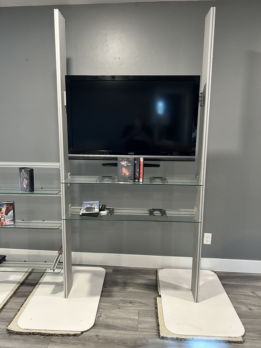 Modern Aluminum & Glass TV Media Stand Entertainment Center with Shelving