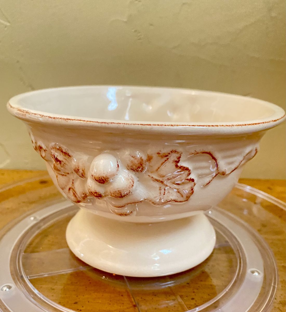 Vintage Cream Ceramic Pedestal Bowl with Grape & Leaf Embossing - Made in China, Farmhouse Decor C PIX