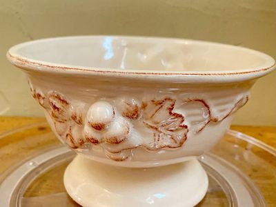 Vintage Cream Ceramic Pedestal Bowl with Grape & Leaf Embossing - Made in China, Farmhouse Decor C PIX