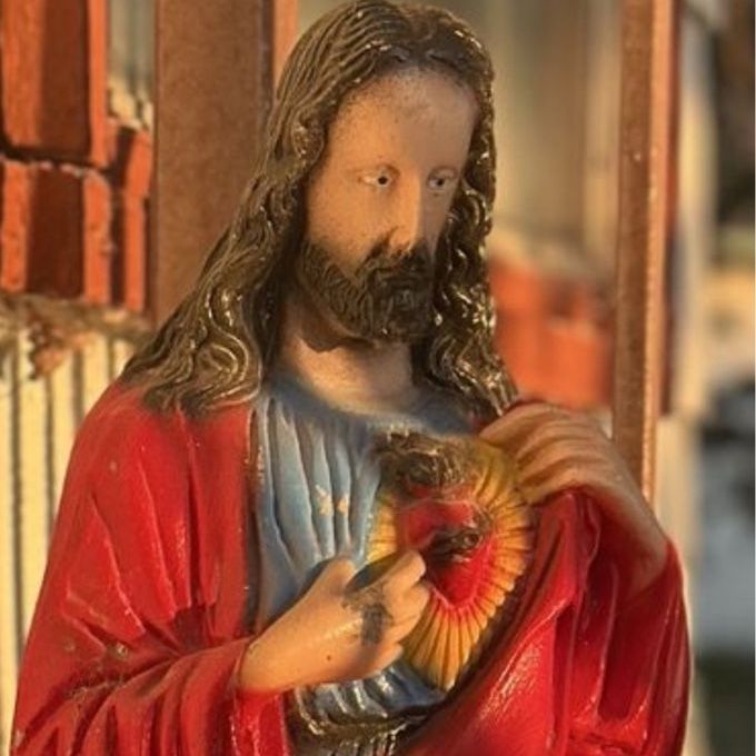vintage sacred heart of jesus statue, hand-painted, heavy concrete (or whatever it is)