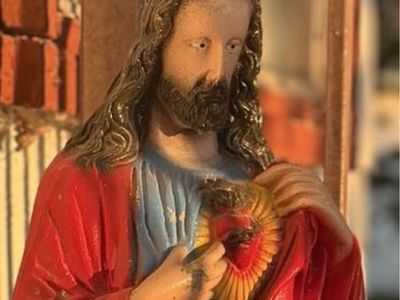 vintage sacred heart of jesus statue, hand-painted, heavy concrete (or whatever it is)