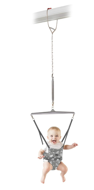 Jolly Jumper Iconic (Grey Safari), Doorway Baby Jumper, Indoor Exercise Saddle Seat, Adjustable Height, for Infants up to 28lbs