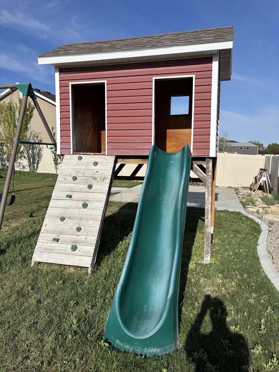 Kid's Outdoor Playhouse with Slide & Climbing Wall