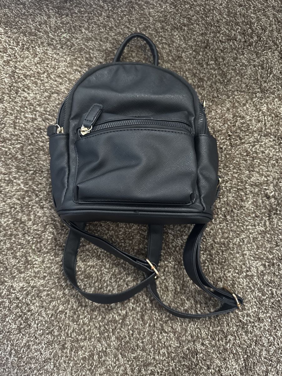 Black Faux Leather Mini Backpack with Gold Hardware - Stylish & Compact