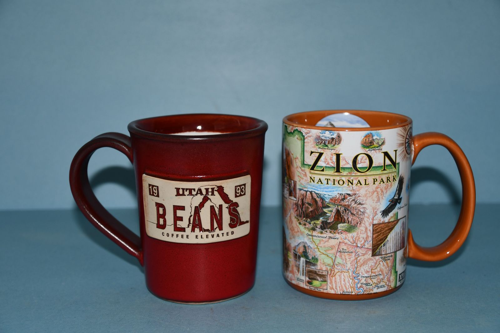 2 NEW "UTAH" MUGS ~ UTAH BEANS (JJ POTTS POTTERY, HANDMADE) & ZION NATIONAL PARK ~ HEIGHT 4.5" ~ CLEAN ~ BOTH FOR $5