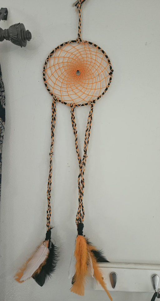 Handmade Orange & Black Dream Catcher with Feather Accents - Wall Decor