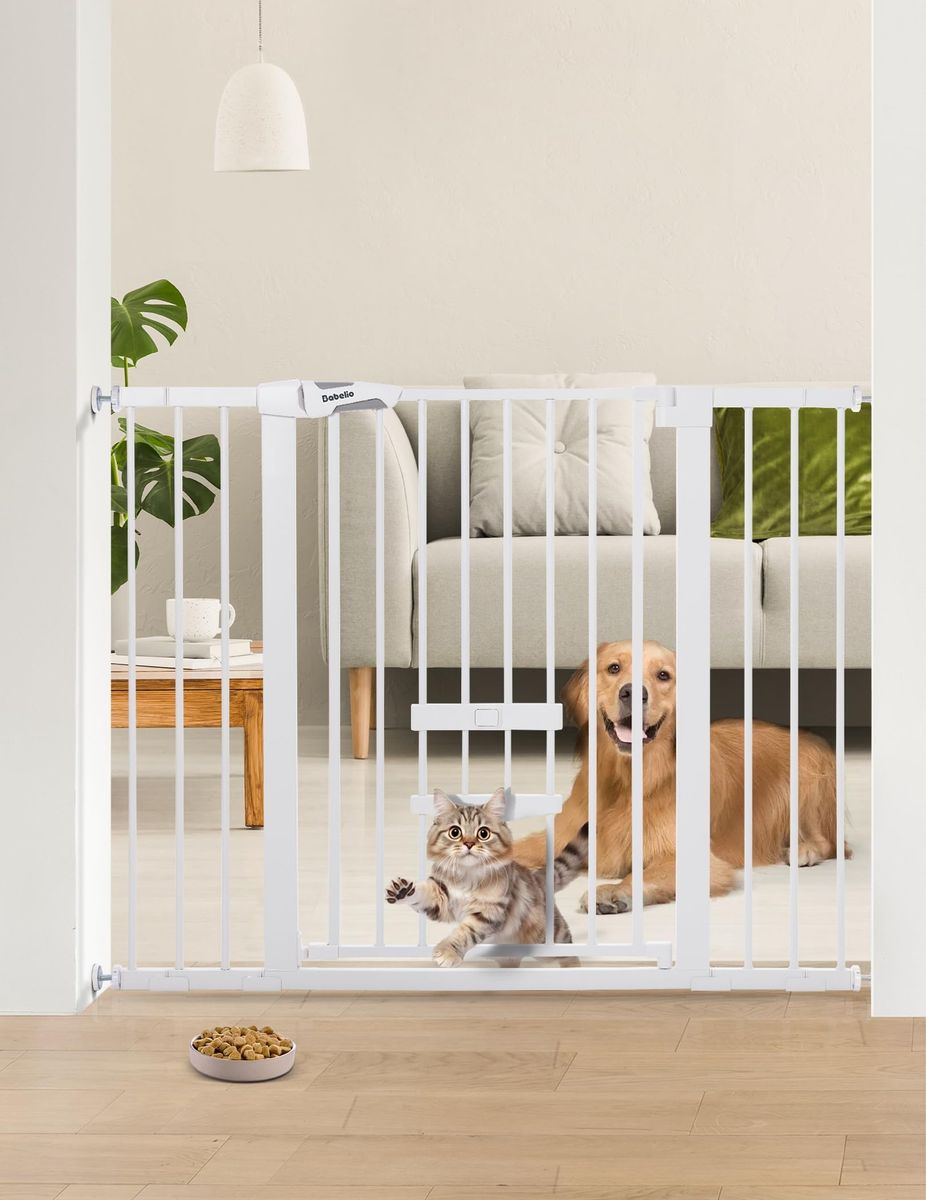 New- Dababa 36" Tall, 29-48" Auto-Close Pet Gate with Cat Door, Wall Cups, White - Latitude Run