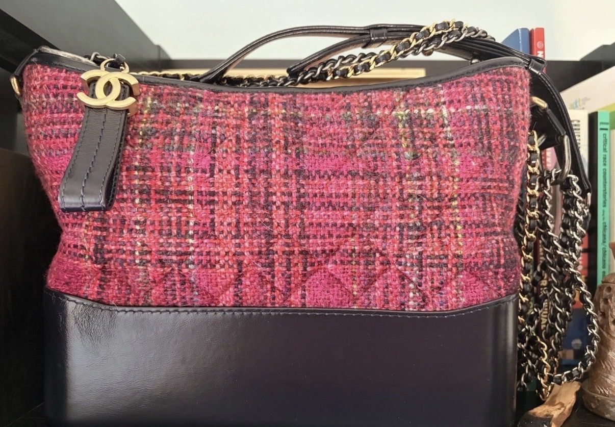 Chanel Gabrielle Hobo Bag Small Pink Tweed & Black Leather Gold Hardware