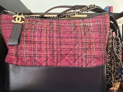 Chanel Gabrielle Hobo Bag Small Pink Tweed & Black Leather Gold Hardware