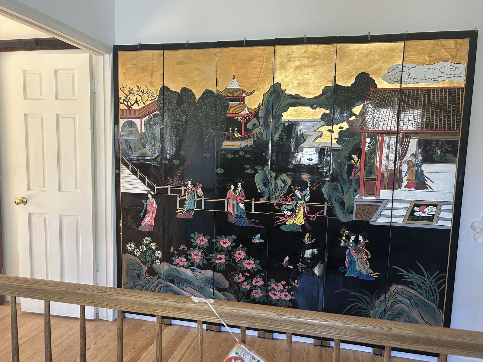 Large 6-panel Asian folding screen with detailed artwork on both sides.