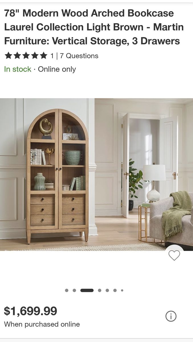 NEW 78” Arched Oak Glass Door Cabinet – Martin Furniture (Retail $1,699)