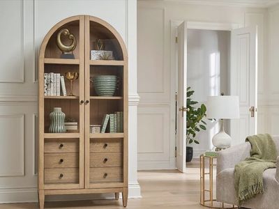 NEW 78” Arched Oak Glass Door Cabinet – Martin Furniture (Retail $1,699)