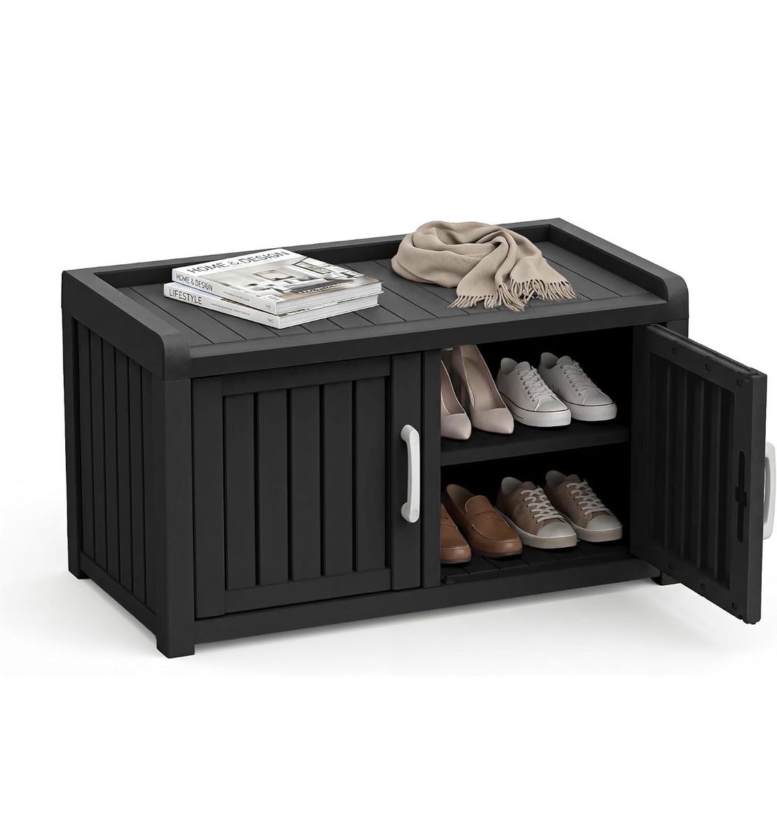 Versatile Black Outdoor Storage Cabinet / Shoe Rack - Durable & Weather-Resistant