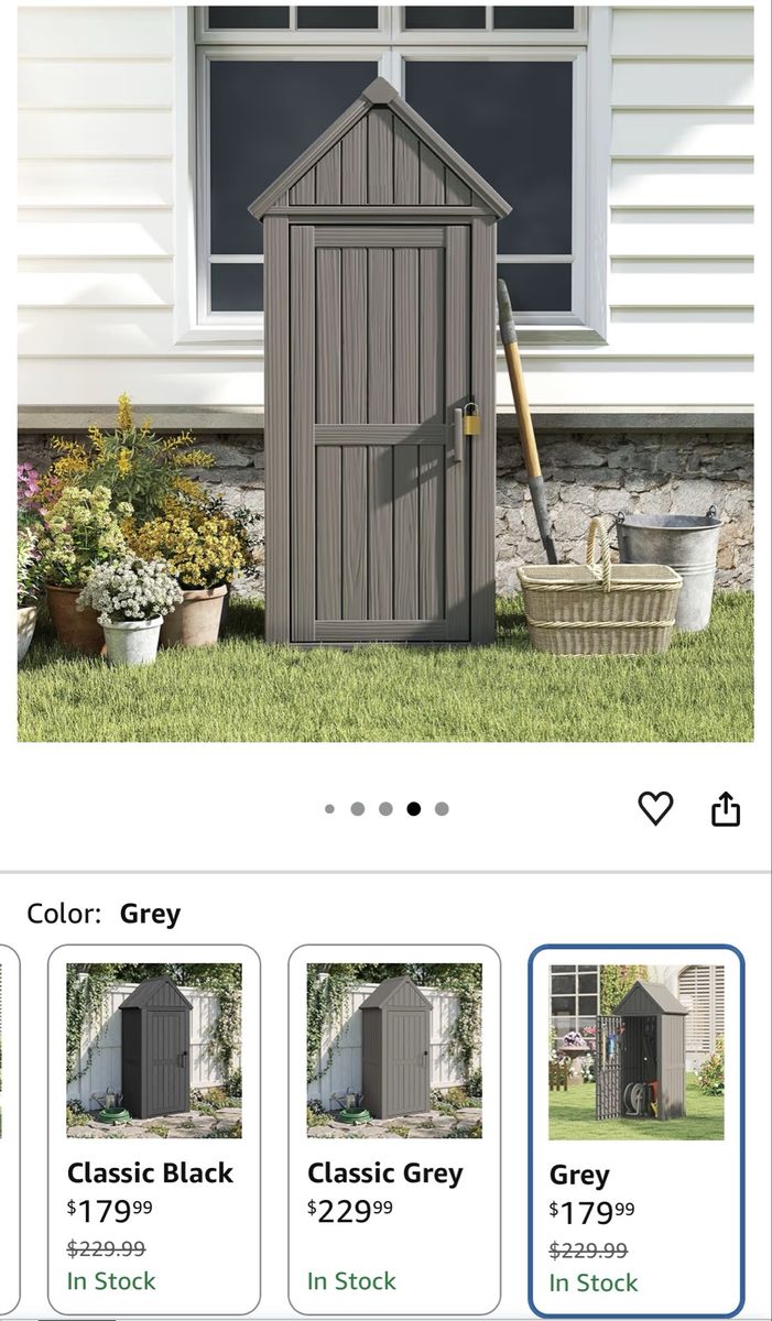 Bifanuo Grey Outdoor Vertical Storage Shed Resin Weatherproof Cabinet w/ Shelves, Hooks, Lock Ring