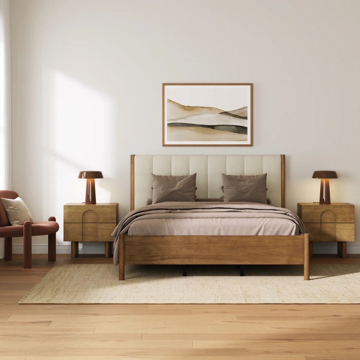 NEW Mid Century Modern King Bed Frame, Headboard and Arched Nightstand Set