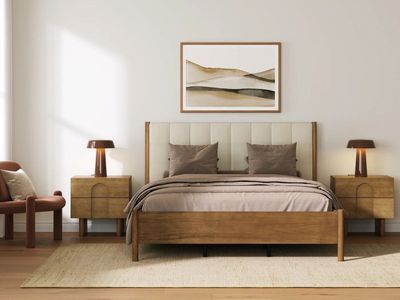 NEW Mid Century Modern King Bed Frame, Headboard and Arched Nightstand Set