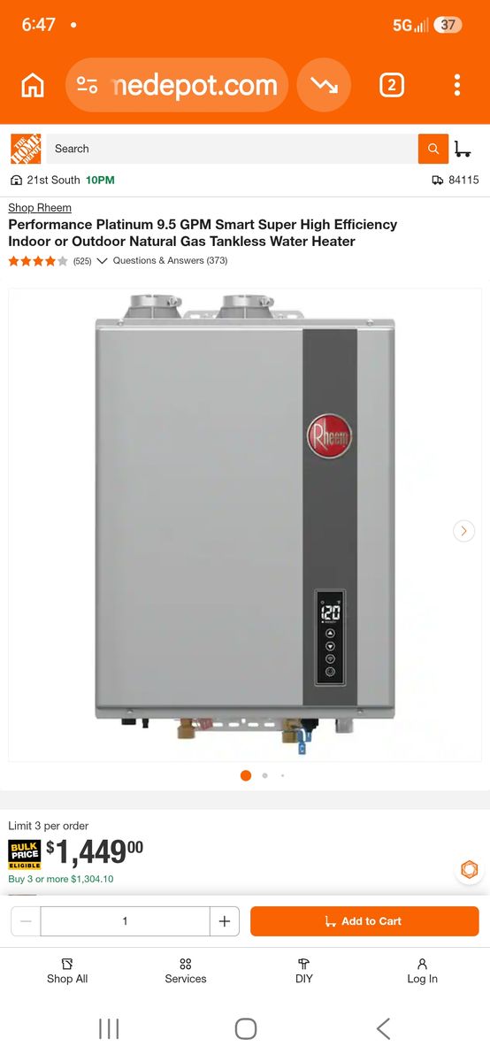 Rheem Performance Platinum 9.5 GPM Smart Super High Efficiency Indoor or Outdoor Natural Gas Tankless Water Heater