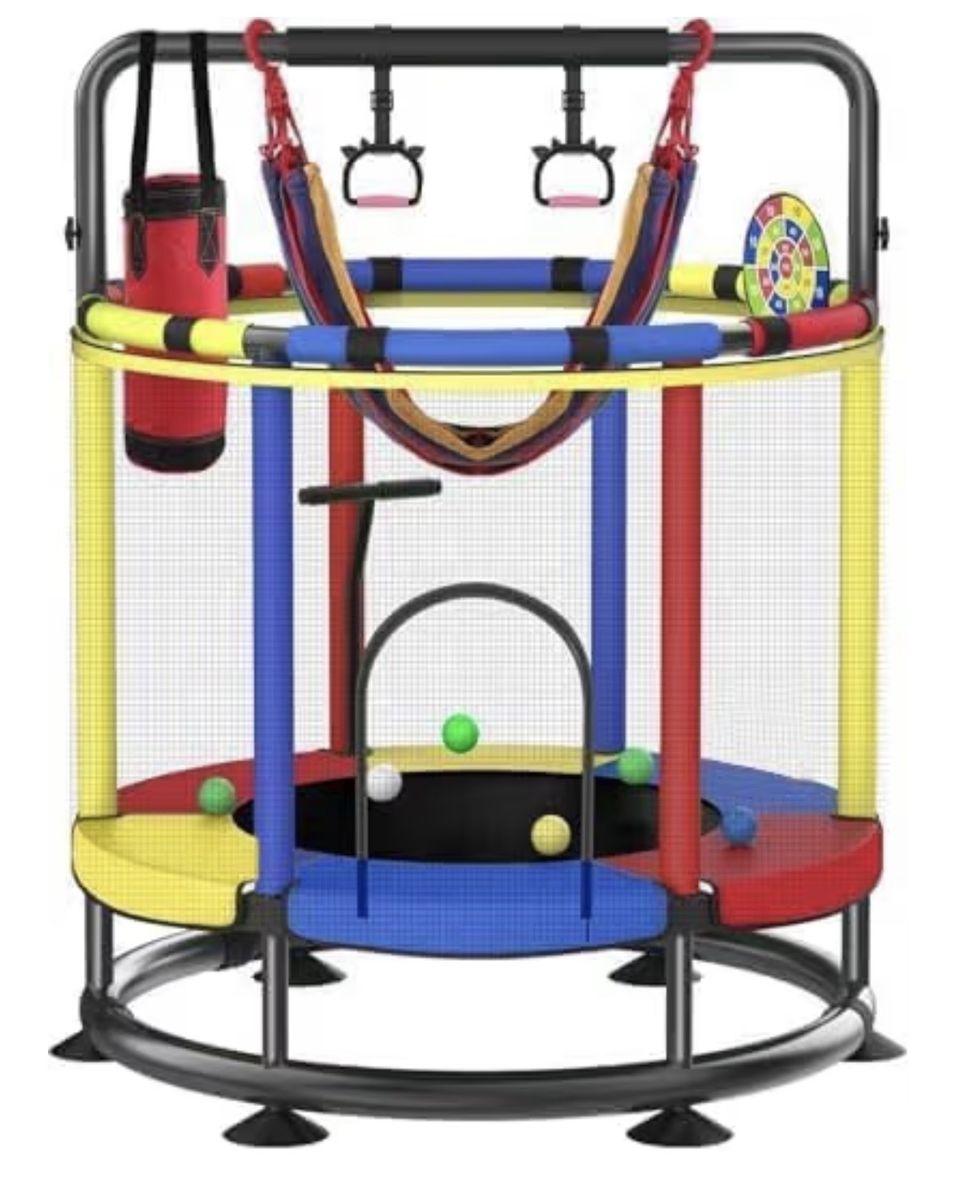 Kids Multi-Function Indoor Outdoor Trampoline with Swing and Gymnastics Rings