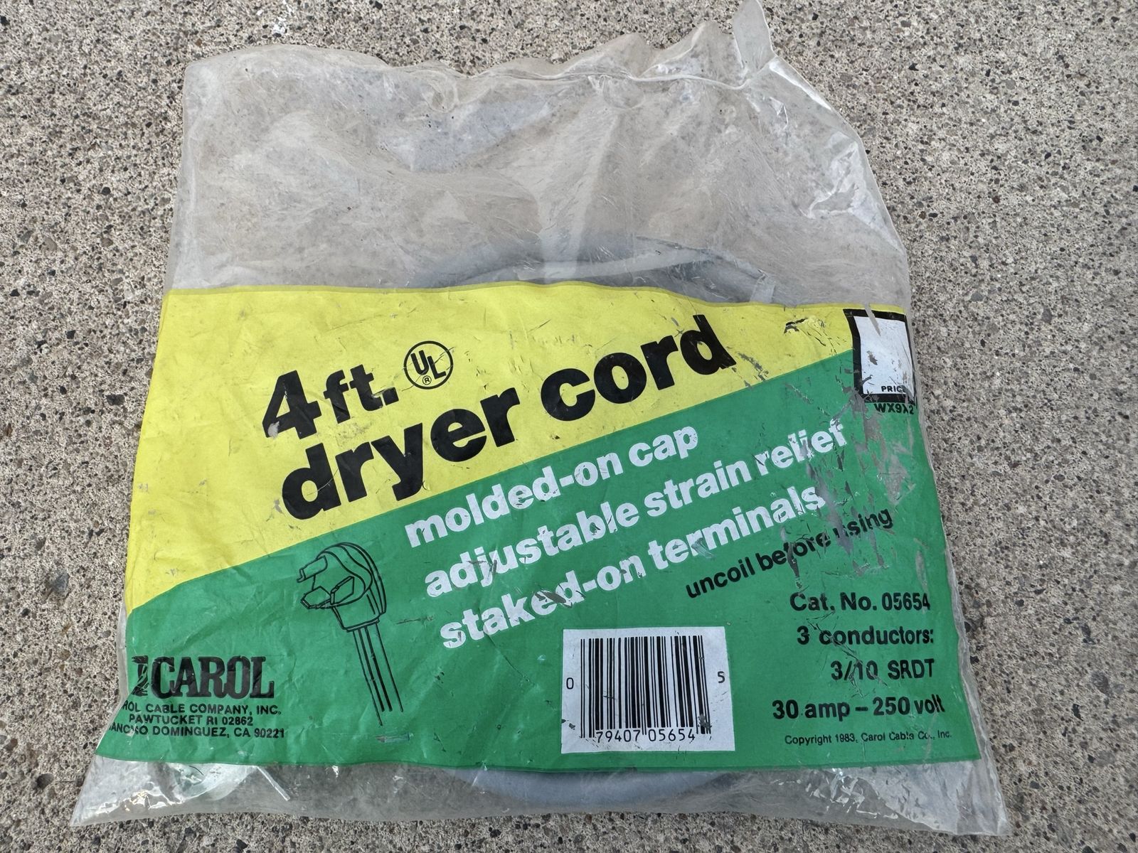 New  Carol 4 Ft dryer cord 3 conductors
