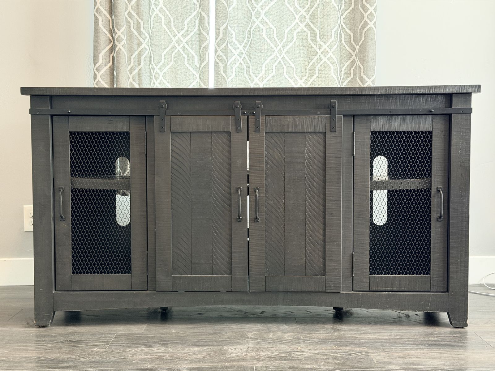 Farmhouse Style Dark Gray Entertainment Console TV Stand with Barn Doors and Mesh Cabinets