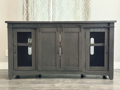 Farmhouse Style Dark Gray Entertainment Console TV Stand with Barn Doors and Mesh Cabinets