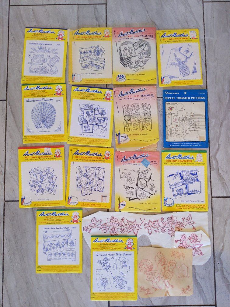 Vintage 14+ lot of Aunt Martha's Vintage Hot Iron Embroidery Transfer Patterns - Assorted Designs