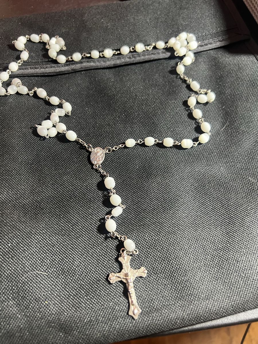 White Beaded Rosary Necklace with Crucifix and Miraculous Medal 21”