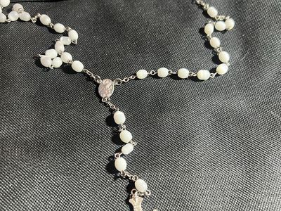 White Beaded Rosary Necklace with Crucifix and Miraculous Medal 21”