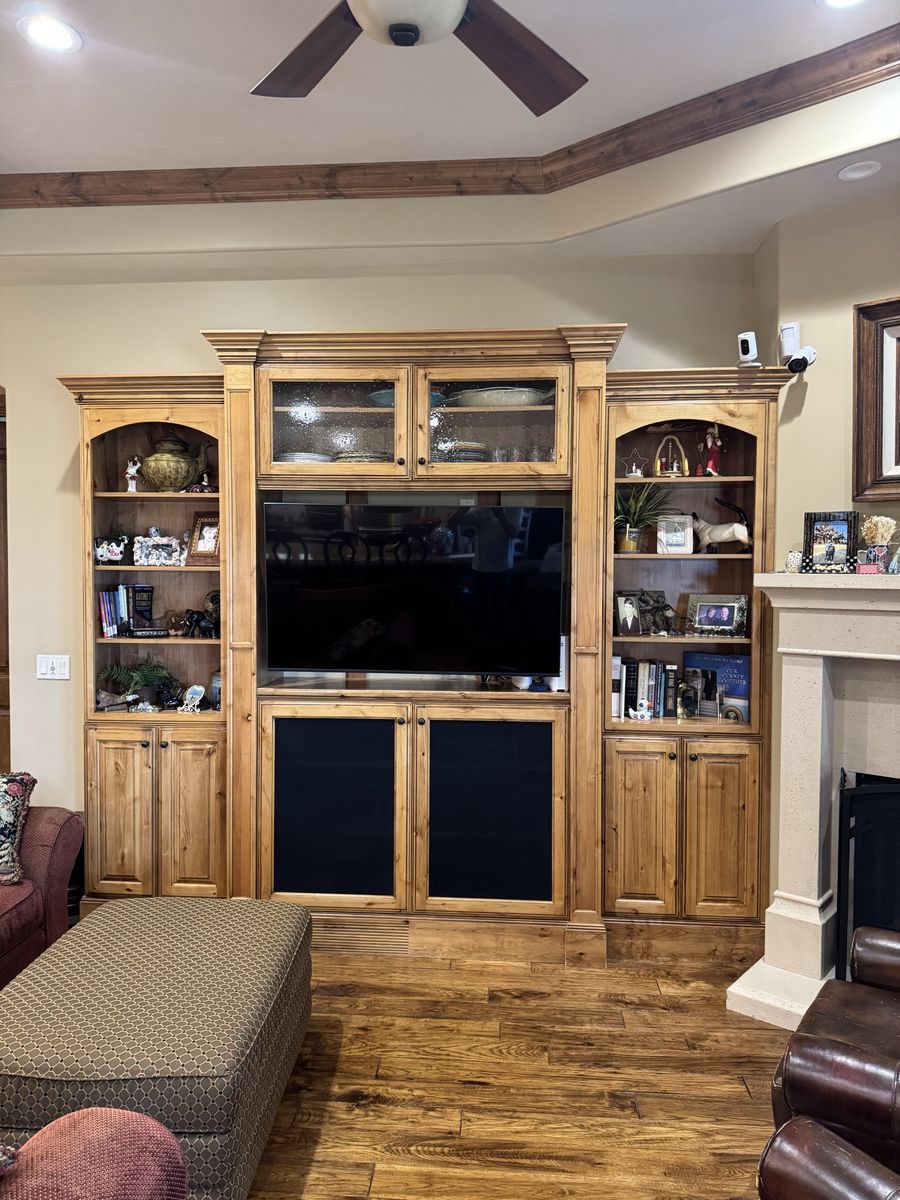 Custom Solid Wood Entertainment Center & Bookcase Unit - Rustic Pine Finish. Built in you remove.