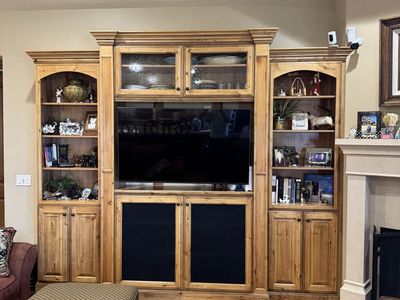 Custom Solid Wood Entertainment Center & Bookcase Unit - Rustic Pine Finish. Built in you remove.