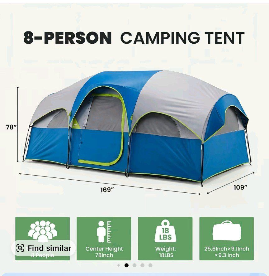 8-Person Family Camping Tent - 14x9 ft, 78in Height, Waterproof, 18lbs