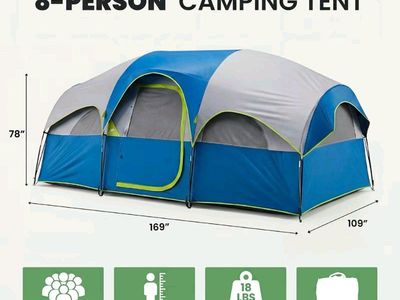 8-Person Family Camping Tent - 14x9 ft, 78in Height, Waterproof, 18lbs